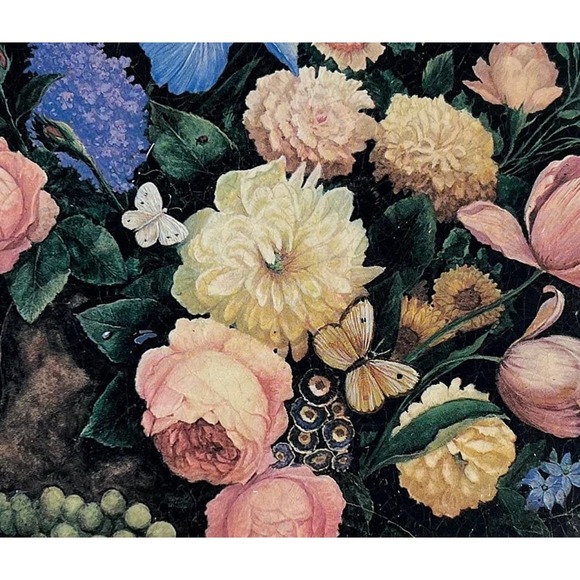 Hand-painted Black Floral lacquer box Vintage Tin Tole Trinket Bowl with Cover - Picture 6 of 10